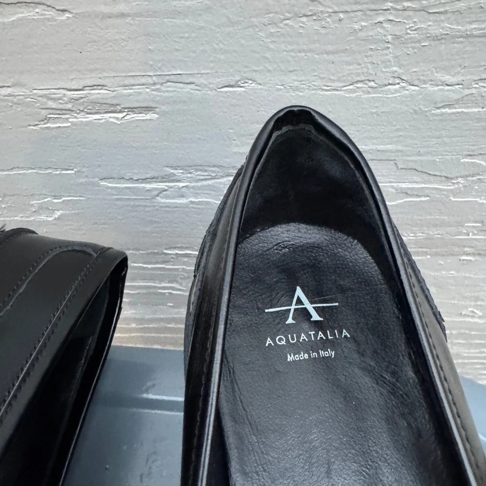 Aquatalia Platform Penny Loafers 10 Black Leather Chunky Lug Sole Waterproof y2k - Picture 8 of 11